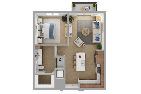 Floor plan for 1 bed, 1 bath, 741 sqft
